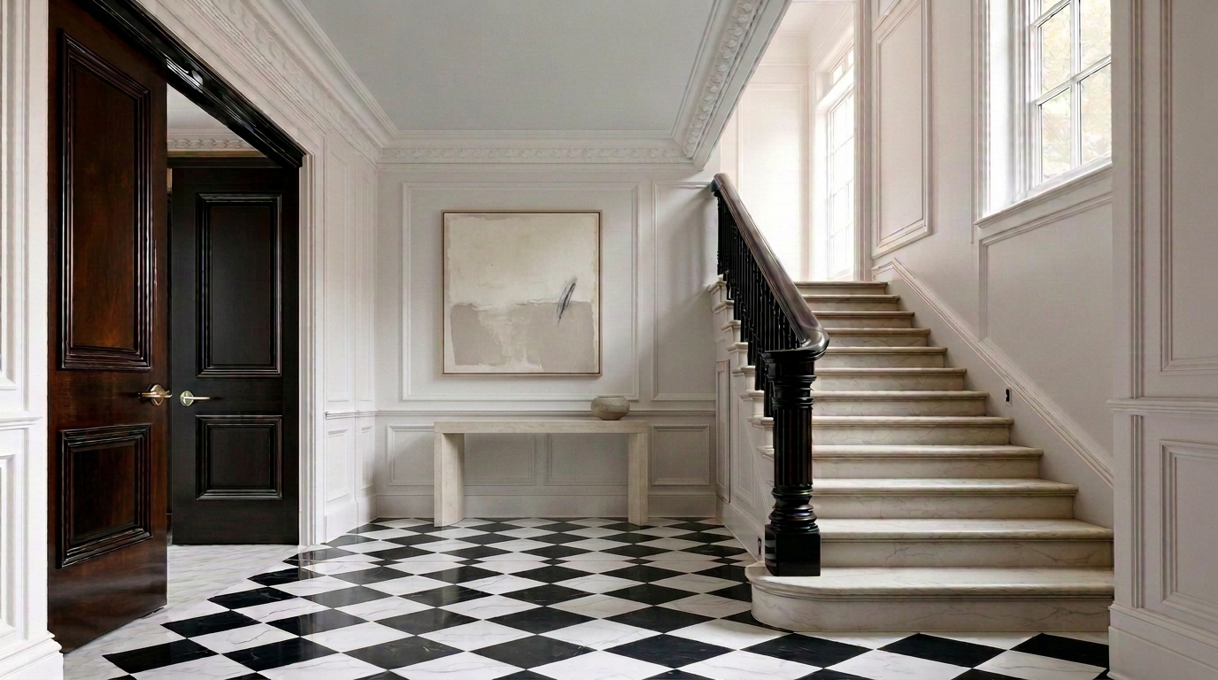 A quiet entrance hall and stone staircase in a London townhouse, softly lit